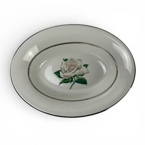 Vintage White Rose Serving Bowl: Silver Trim Vogue Ceramic 10"